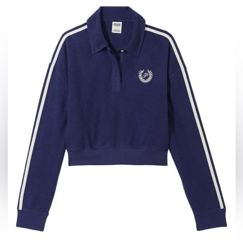 PINK Reverse Fleece Cropped Polo Sweatshirt